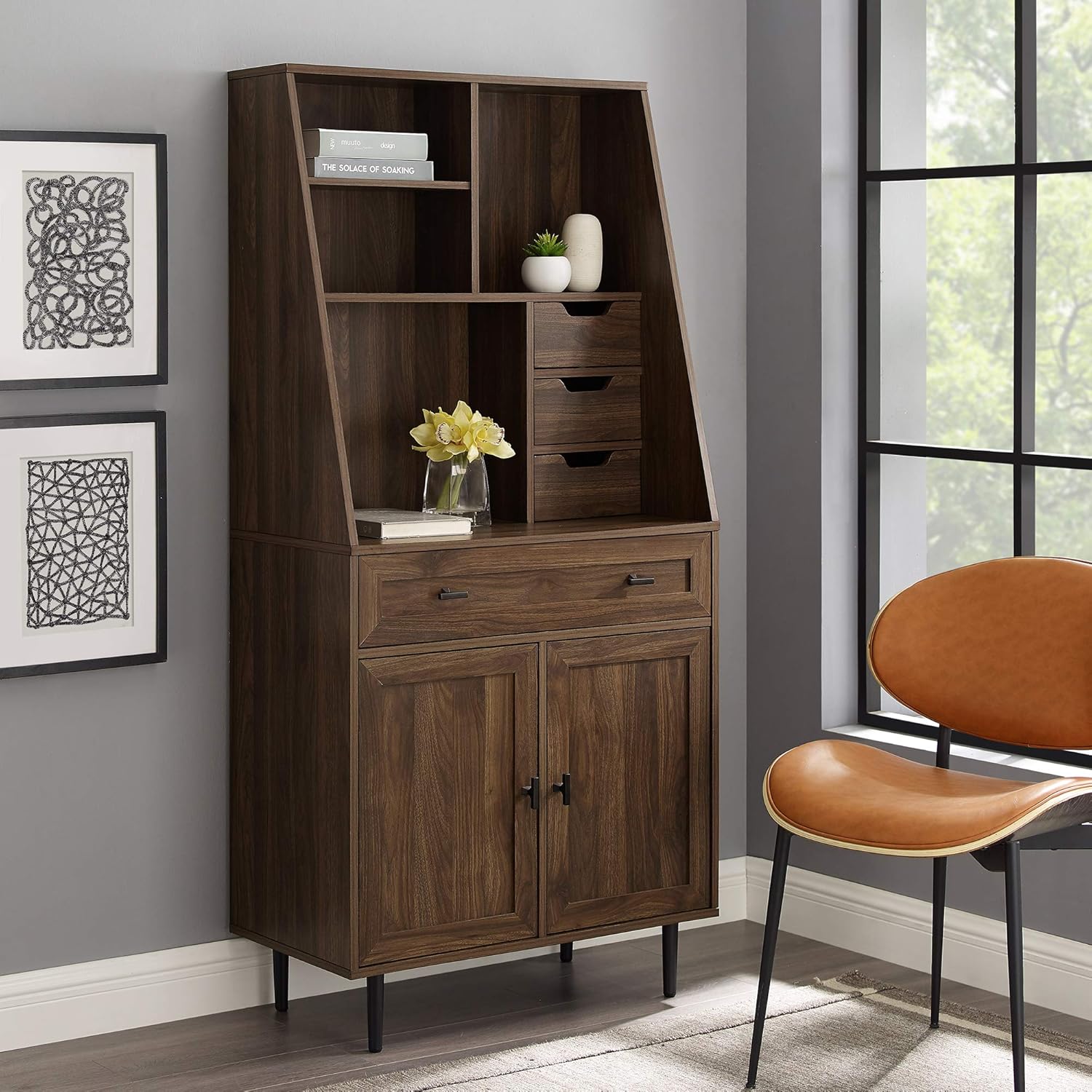 Birch Secretary Hutch Wood Desk with Keyboard Drawer Bookshelf Storage Cabinet W3455