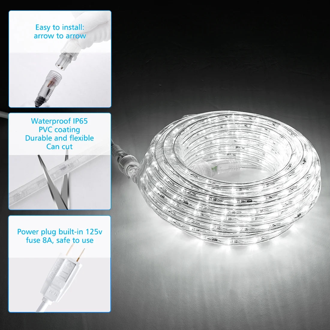 33ft 300 LED Rope Lights, Daylight White, Connectable O36876