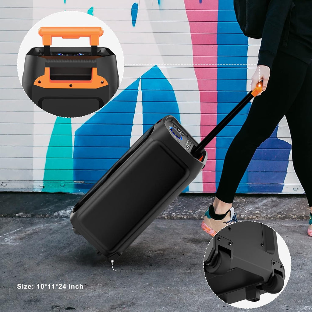 Karaoke Machine with 2 Wireless Microphones, 8" Bluetooth Party Speaker with DJ Light, Rolling Wheels and Trolley J2731