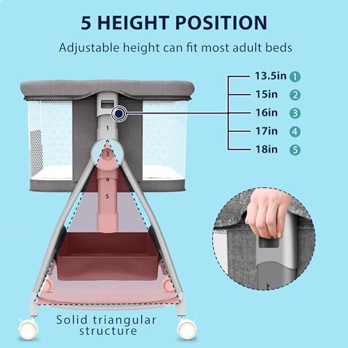 Baby Bassinet Bedside Sleeper, 3 in 1 Rocking Bassinet with Wheels, Adjustable Height, Storage, Mattress & Canopy X3850