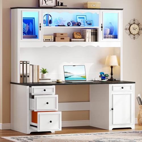White & Black Executive Desk with Hutch and Drawers, Power Outlet & LED Lights, Storage Shelves, Storage Cabinet with Glass Door H3563