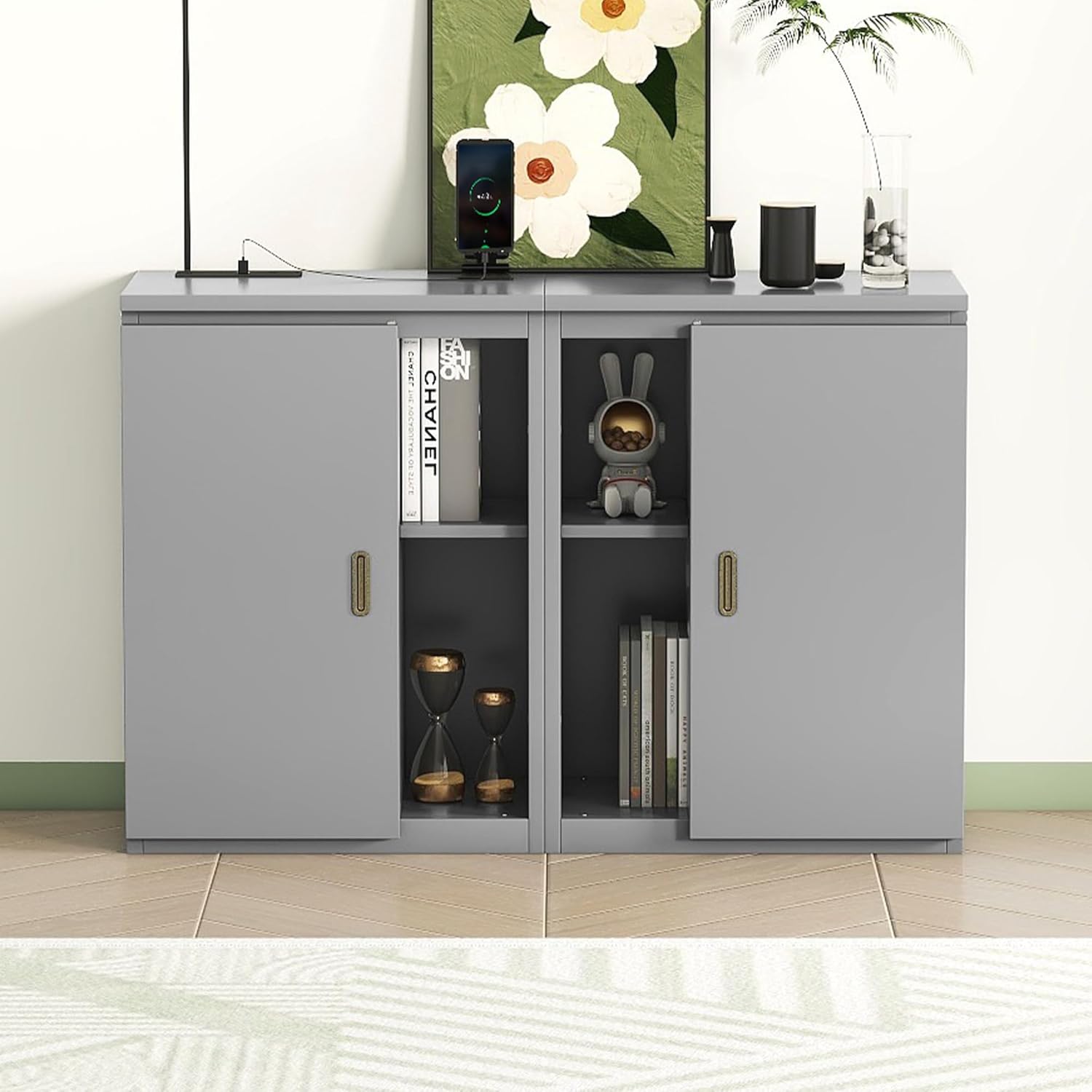 Queen Size Gray Murphy Wall Bed with Shelves and Cabinets H996205