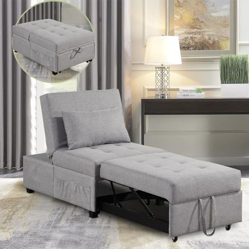 4 in 1 Convertible Linen Fabric Sleeper Chair Bed Ottoman with Adjustable Backrest & Pillow W621846