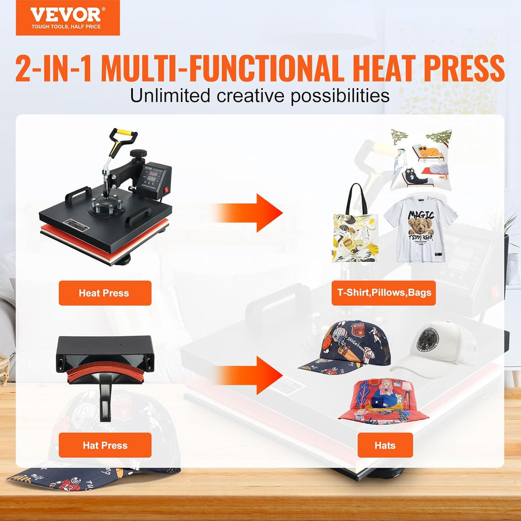 15x15 Heat Press Machine with Hat Press, 360° Swing Away Digital Tshirt Press Machine V362287