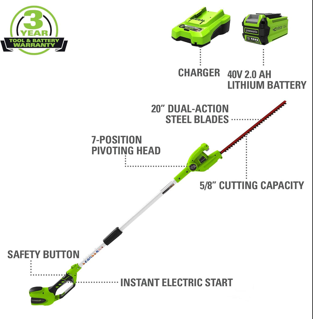 40V 20" Cordless Pole Hedge Trimmer with 2.0Ah Battery and Charger T9477