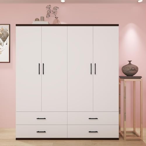 White 4 Door Wood Armoire Wardrobe with 2 Hanging Rods and 2 Drawers H6894