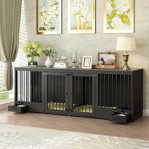Black Heavy Duty Wooden Dog Crate with Dog Bowl Drawers & Divider L82682