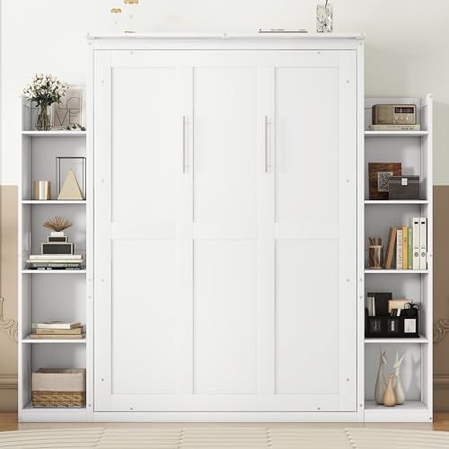 White Full Size Wood Murphy Bed with Shelves and Led Lights M5613
