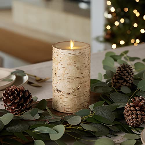 Flameless Candle Pillar with Real Birch Bark Moving Flame LED Battery Operated Lights Unscented (3.5 x 4.5-inch) V206159