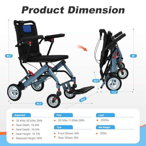 Ultra Light Transport Wheelchair with 8IN Honeycomb Tires R498620