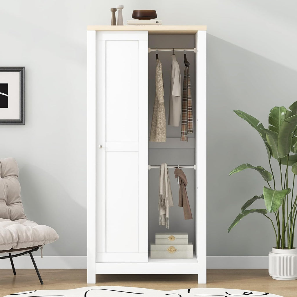 White Wooden Wardrobe Closet with 2 Drawers and Sliding Door M5632