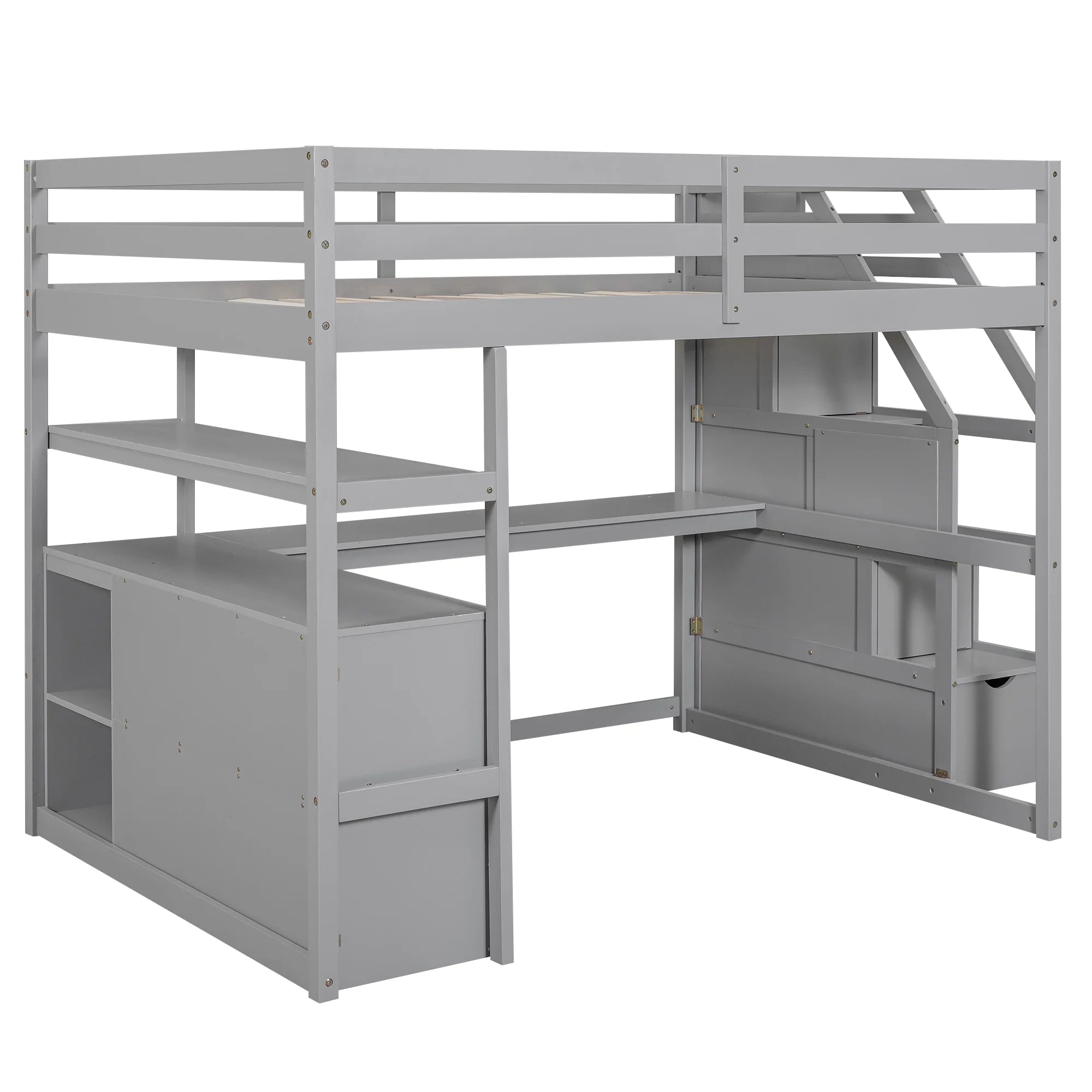 Full Wood Loft Bed with Desk, Storage Stairs, Two Drawers T505595