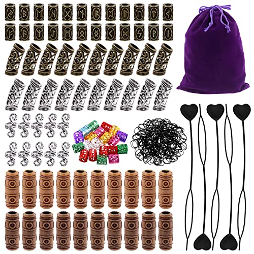 300Pcs Viking Rune Beads Hair Beard Beads Set including 5Pcs Black Pull Hairpin Quick Beader Hairpins and 200Pcs Black Rubber Bands with a Bag I181