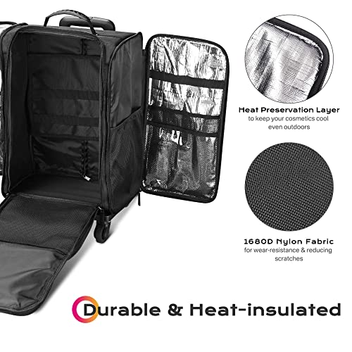 Black Rolling Makeup Train Case Soft Sided Cosmetic Storage Organizer Carry on Travel with Removable Side Pocket Bag X838608