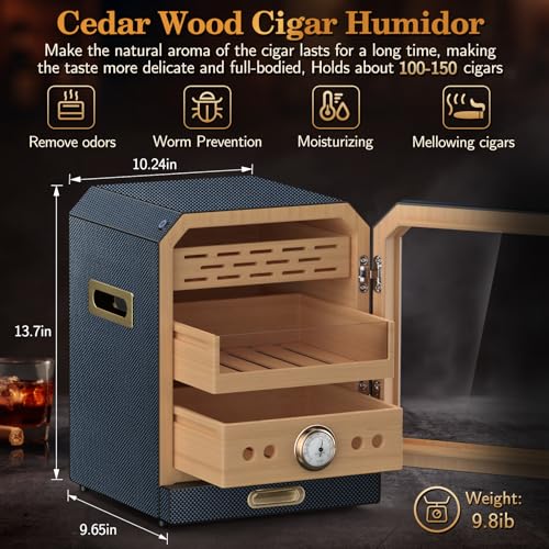 Lighted Magnetic Door Desktop Cigar Humidor Cabinet with Drawer, 3 Layer, Brown B78421