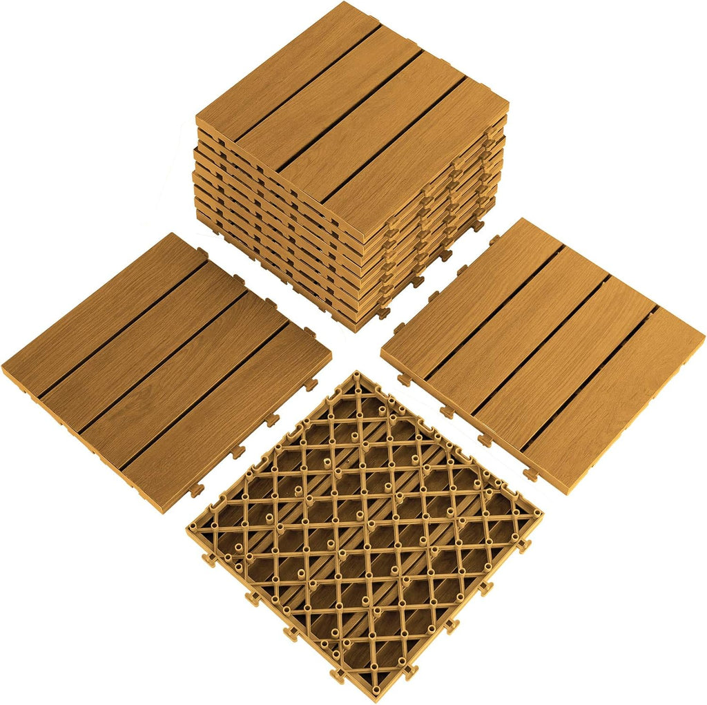 9PCS Aluminum Interlocking Deck Patio Tiles, 12” x 12” Wood Acacia E5368