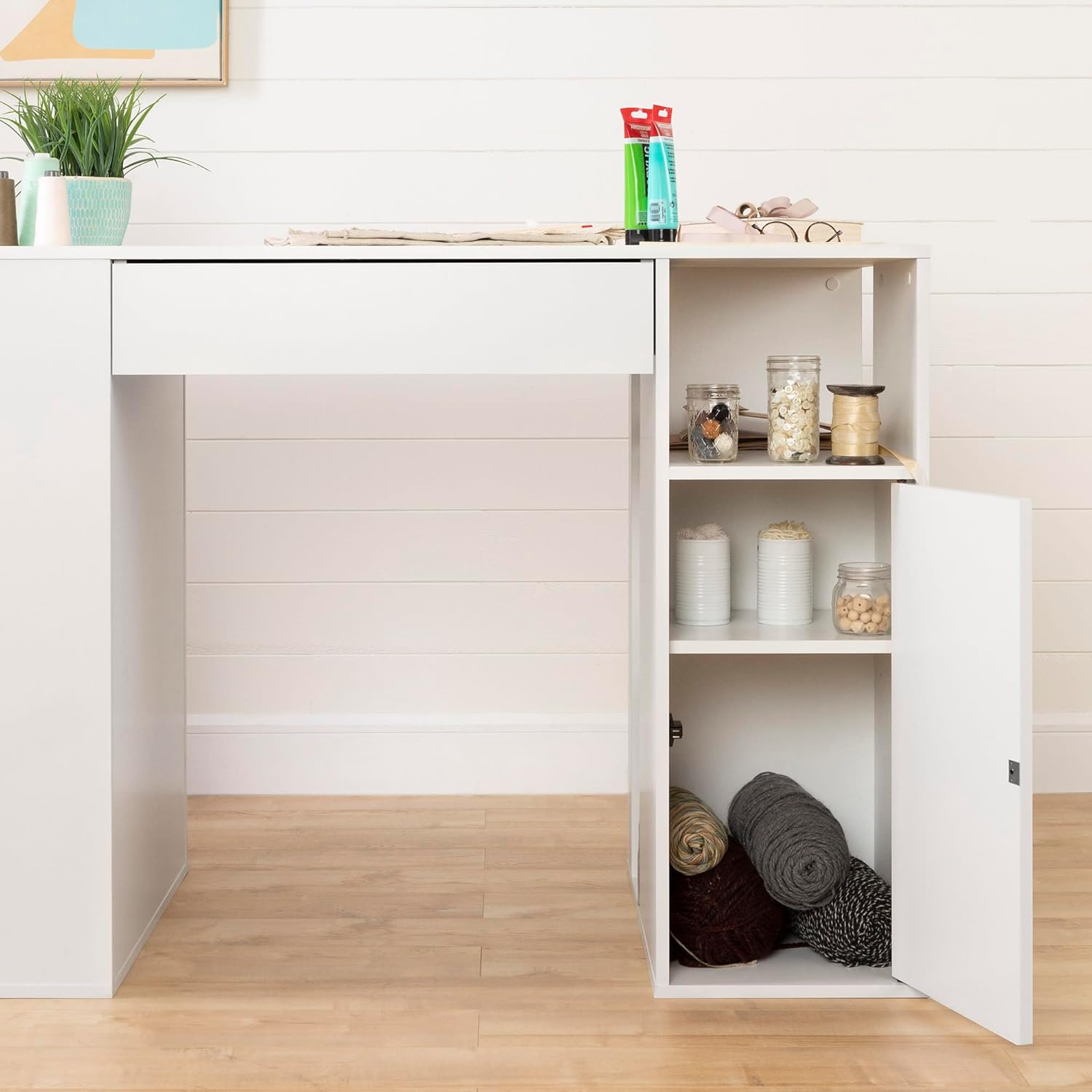 Pure White Counter-Height Craft Table with 4 baskets P128677