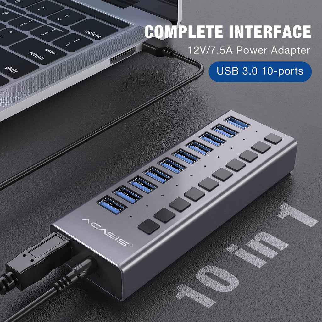 10 Ports 48W USB 3.0 Data Hub with Individual On/Off Switches and 12V/4A Power Adapter N4035