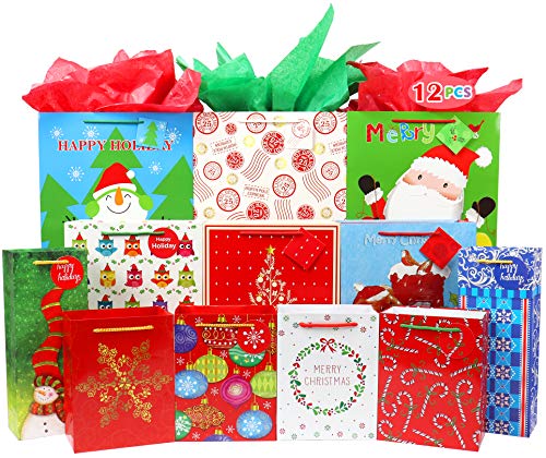 4 Extra Large 4 Large 4 Medium Christmas Print Gift Bags with Handles R605