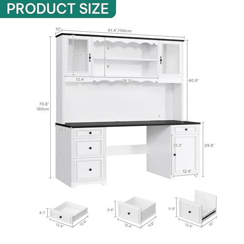 White & Black Executive Desk with Hutch and Drawers, Power Outlet & LED Lights, Storage Shelves, Storage Cabinet with Glass Door H3563