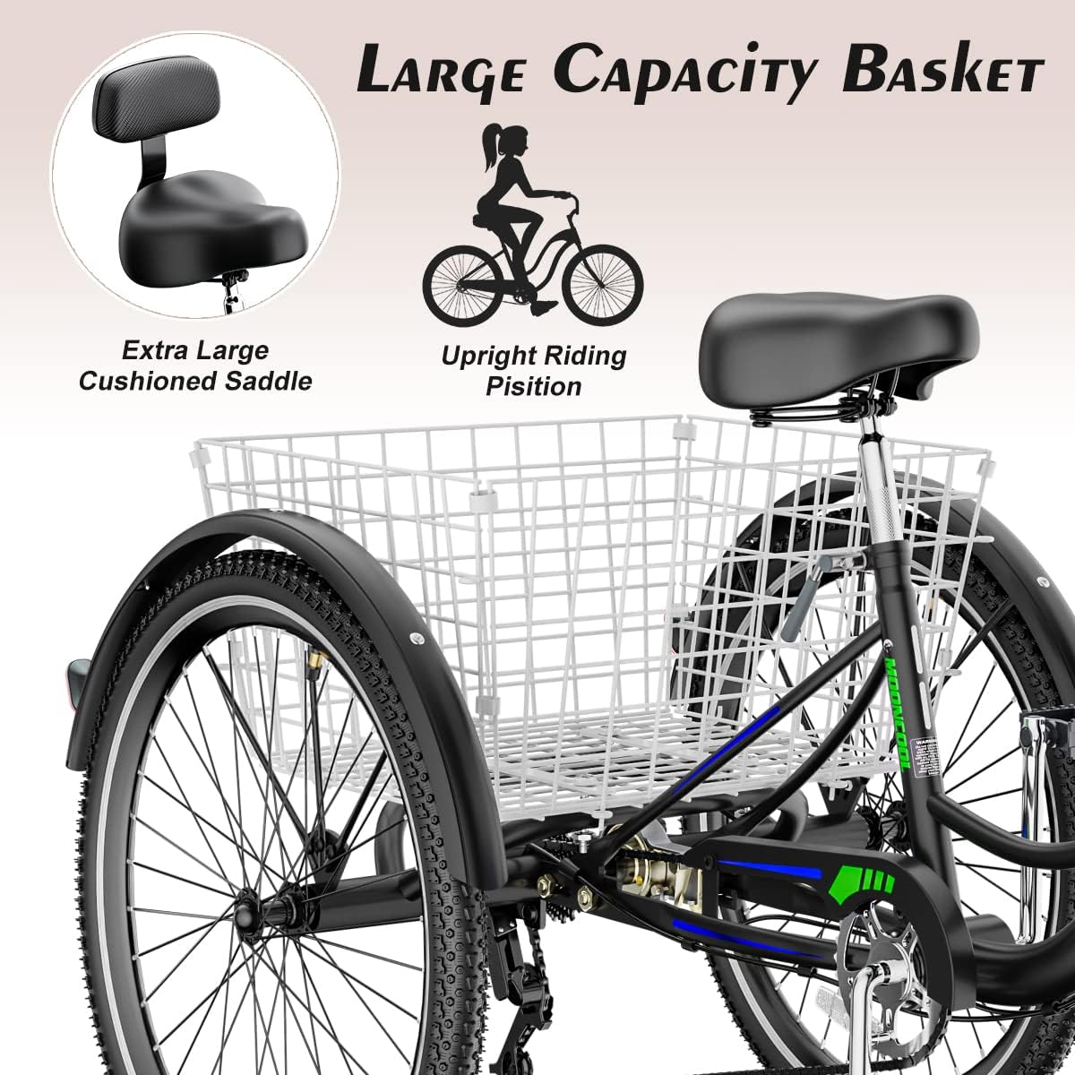 26" Black with Blue 7 Speed 3 Wheel Adult Tricycle with Basket X868517