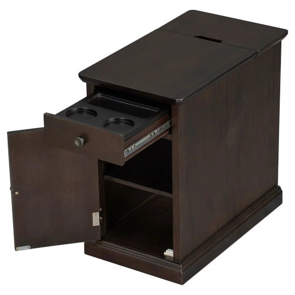 Antique Espresso End Table with USB Ports Drawer and Cup Holders R992052