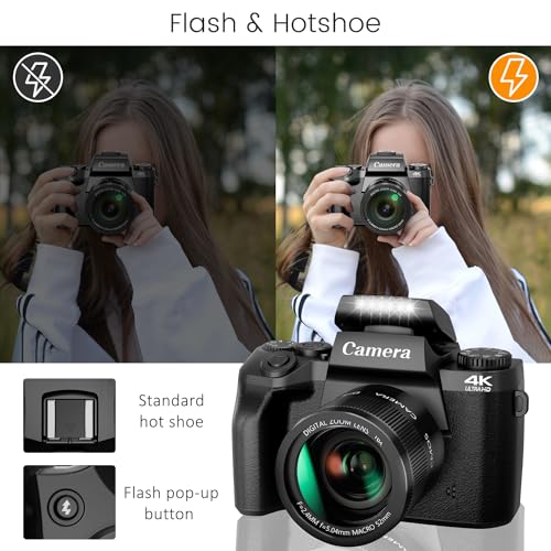 4K 64MP WiFi Touch Screen Digital Camera with Flash, 32GB SD Card, Lens Hood, 3000mAH Battery - Black K660763