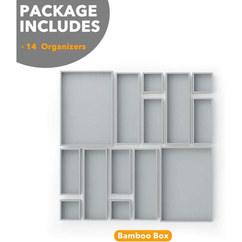 14-Piece Bamboo Drawer Organizer Storage Boxes Set O3489