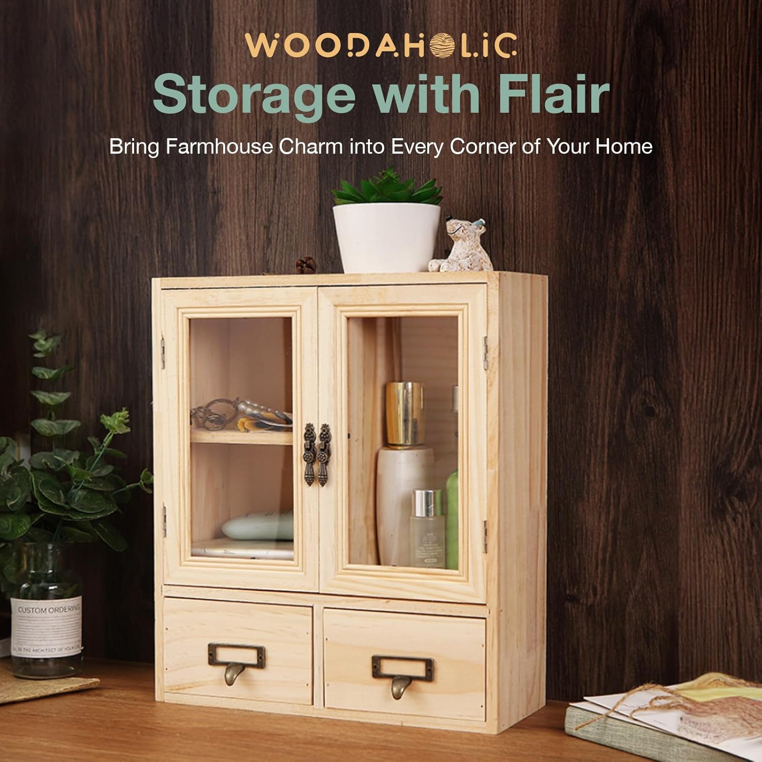 Mini Table Top Storage Cabinet with Clear Glass Doors, 2 Bottom Drawers, Light Wood Grain A784