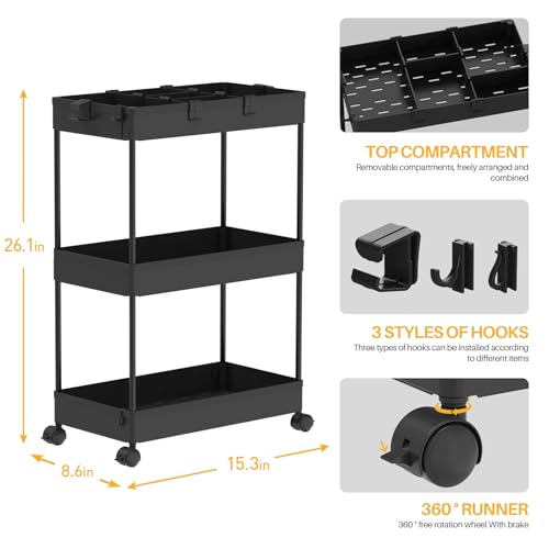 Black 3 Tier Rolling Cart with Wheels U382