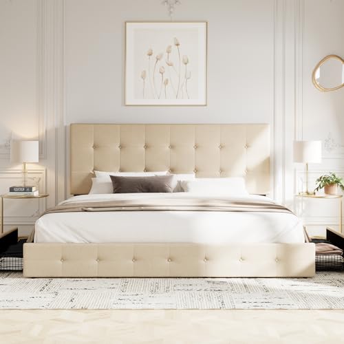 Light Grey Queen Size Platform Bed Frame with 4 Storage Drawers C349556