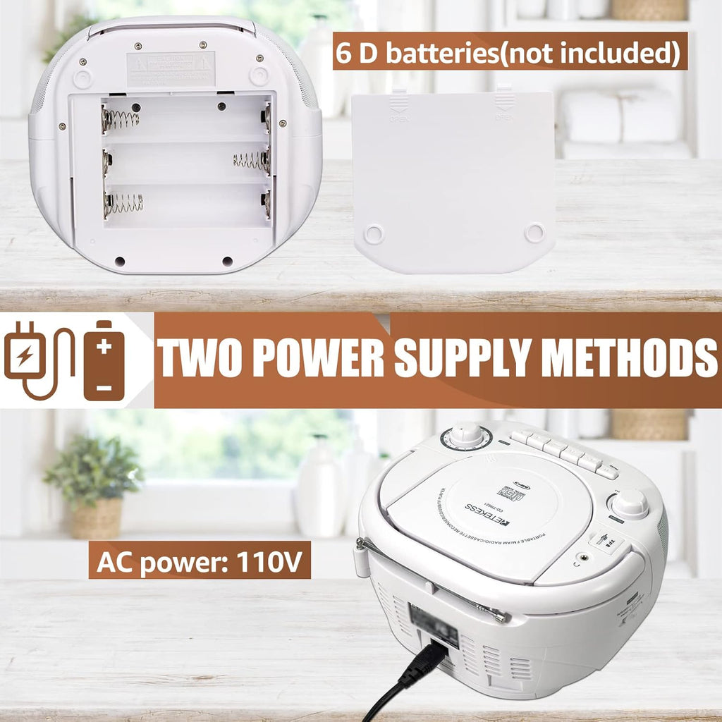 White Portable CD and Cassette Player Boombox with AM FM Radio O2169