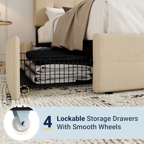 Light Grey Queen Size Platform Bed Frame with 4 Storage Drawers C349556