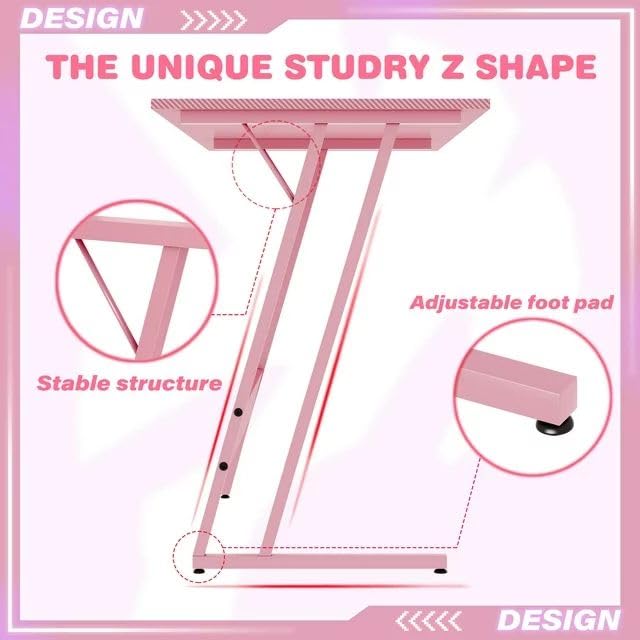 Pink 47 Inch L Shaped Computer Desk with Carbon Fiber Surface S50882