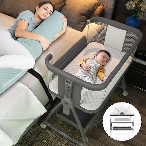 Baby Bassinet Bedside Sleeper, 3 in 1 Rocking Bassinet with Wheels, Adjustable Height, Storage, Mattress & Canopy X3850