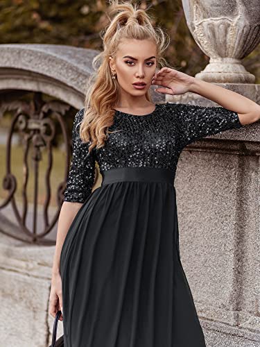 Elegant A Line Crew Neck Half Sleeve Sequin Maxi Evening Dress U7847