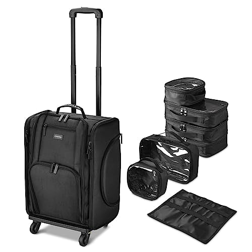 Black Rolling Makeup Train Case Soft Sided Cosmetic Storage Organizer Carry on Travel with Removable Side Pocket Bag X838608