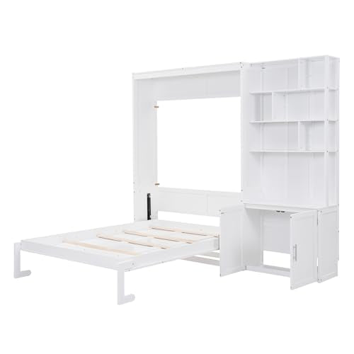 White Solid Wood Queen Size Murphy Bed with Desk G4823