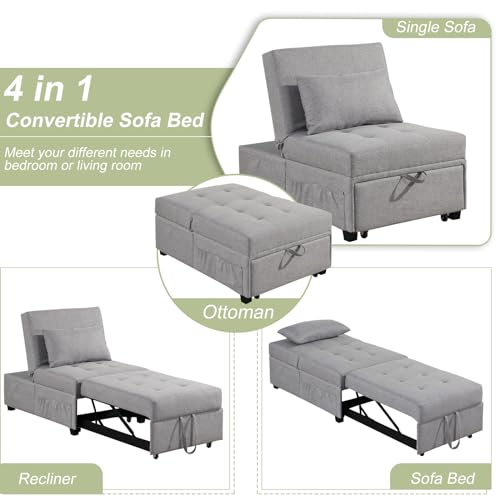 4 in 1 Convertible Linen Fabric Sleeper Chair Bed Ottoman with Adjustable Backrest & Pillow W621846