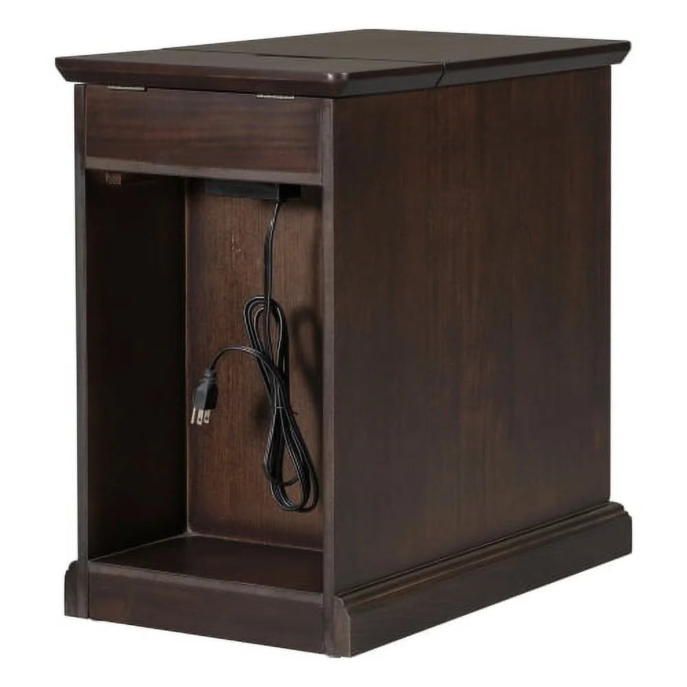 Antique Espresso End Table with USB Ports Drawer and Cup Holders R992052