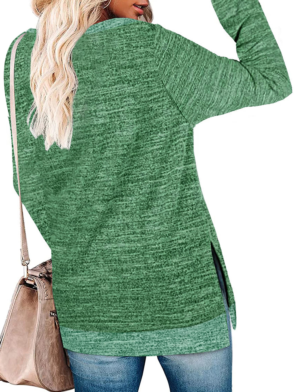 Green Long Sleeve Color Block Tunic Tops X605