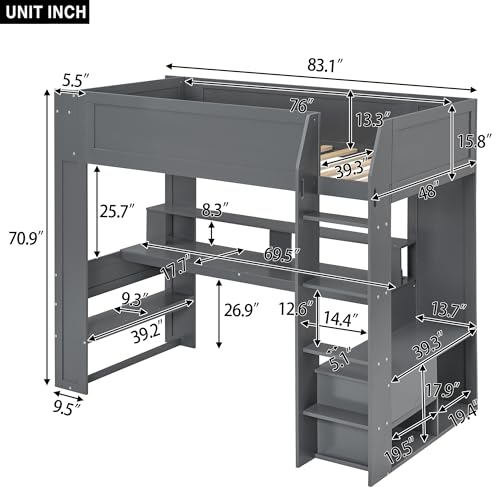 Dark Gray Wood Twin Size Gaming Loft Bed with Desk and Shelves A273908