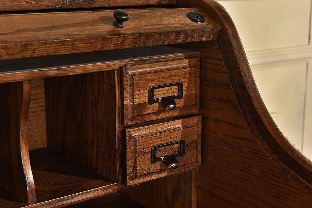 Mini Roll Top Desk Solid Oak Wood Burnished Walnut Finish O82409