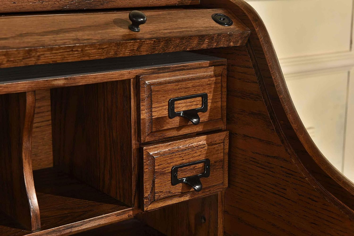 Mini Roll Top Desk Solid Oak Wood Burnished Walnut Finish O82409