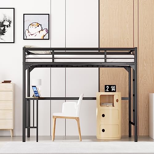 Black Metal Loft Bed Twin Size with Desk and Ladder D909881