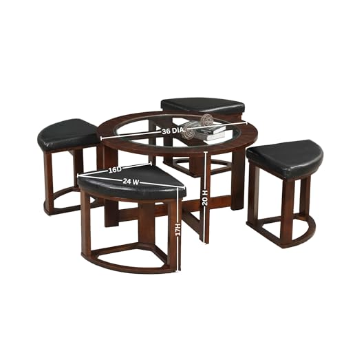 Solid Wood Glass Top Round Coffee Table with 4 Stools F678606