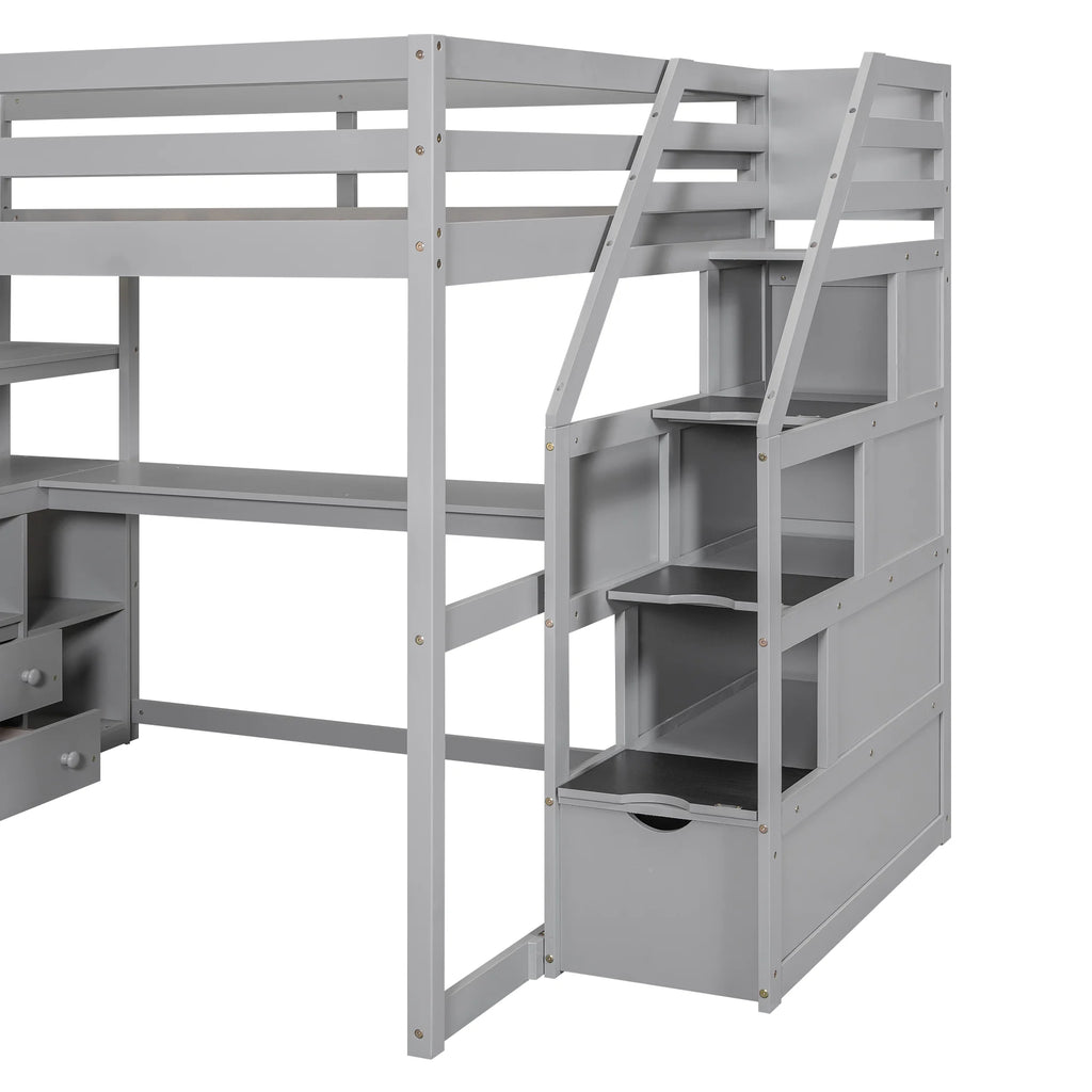 Full Wood Loft Bed with Desk, Storage Stairs, Two Drawers T505595