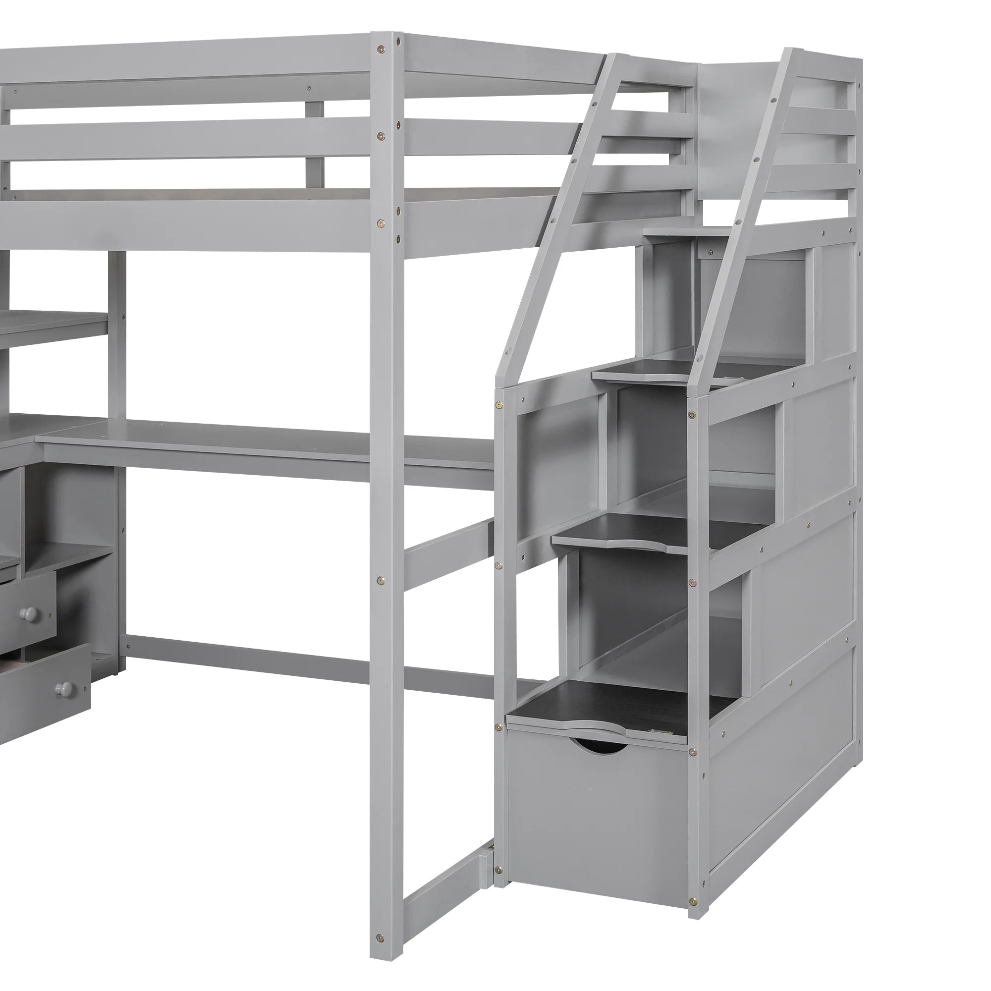Full Wood Loft Bed with Desk, Storage Stairs, Two Drawers T505595