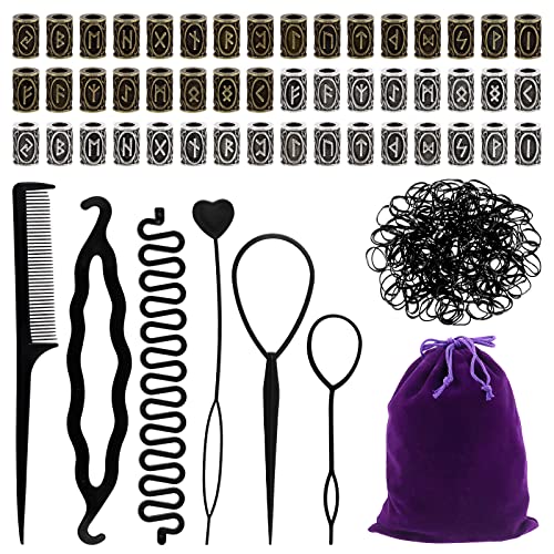 300Pcs Viking Rune Beads Hair Beard Beads Set including 5Pcs Black Pull Hairpin Quick Beader Hairpins and 200Pcs Black Rubber Bands with a Bag I181