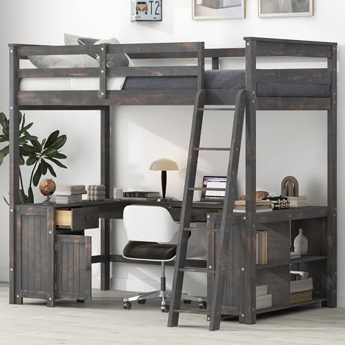 Full Size Solid Wood Loft Bed with Desk and Storage Drawers (White) N219